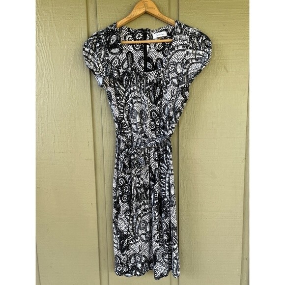 Calvin Klein Black White Dress Lace Print Small Belted Office Work Modest - Picture 8 of 11
